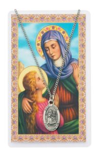 saint anne 7/8-inch pewter medal pendant necklace with holy prayer card