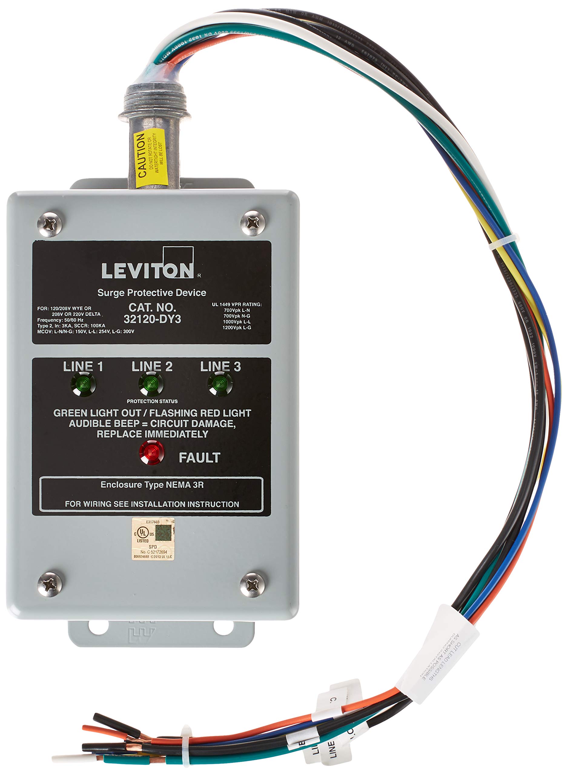 Leviton 32120-DY3 120/208 Volt 3-Phase Wye Or Delta, Surge Panel, DHC and X10 Compatible, 80Ka L-N Max Surge Current, Image