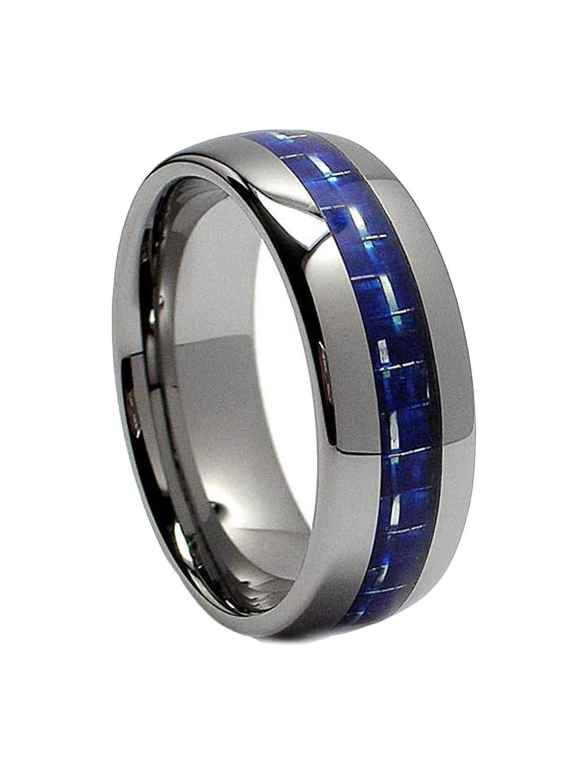 Metal Masters 8MM Dome Tungsten Carbide Ring Wedding Band W/Blue Carbon Fiber Inlay Size 8.5