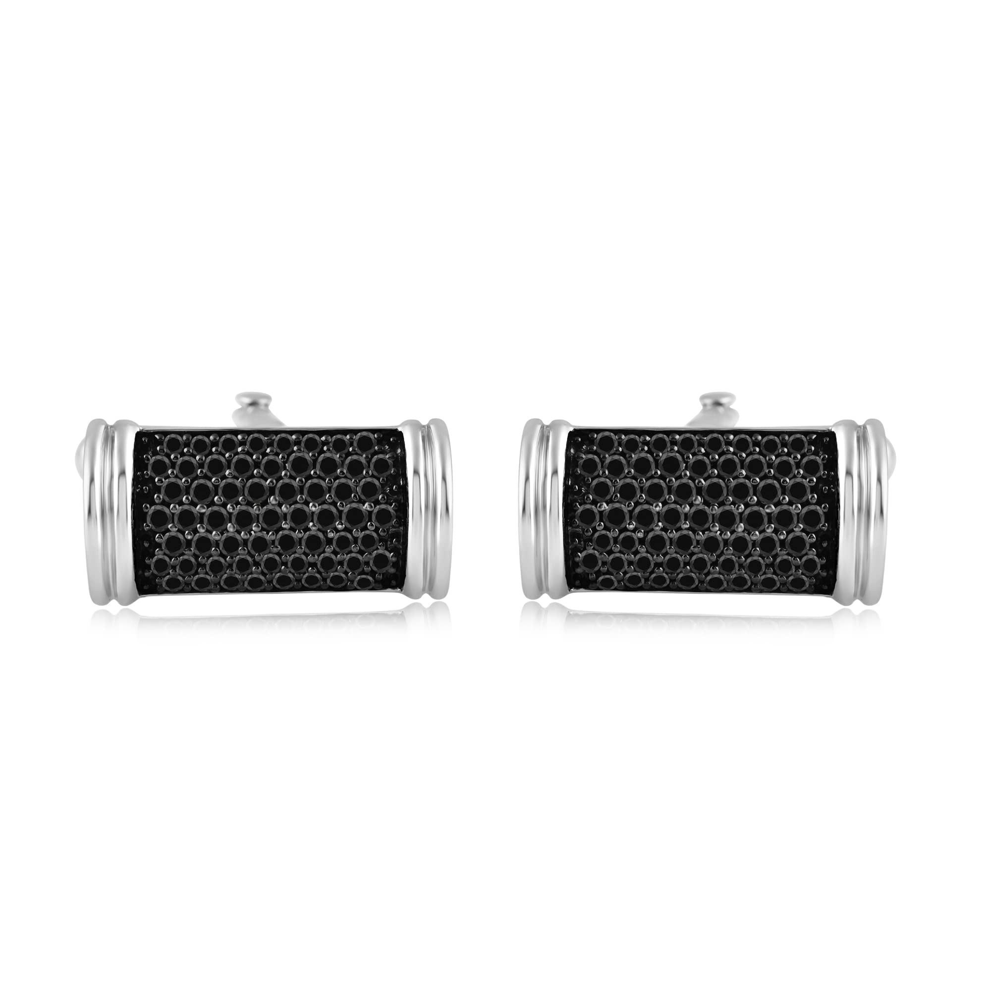 Jewelili Sterling Silver 1 Cttw Treated Round Black Diamond Men's Cuff Links