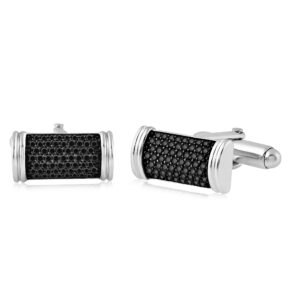 Jewelili Sterling Silver 1 Cttw Treated Round Black Diamond Men's Cuff Links