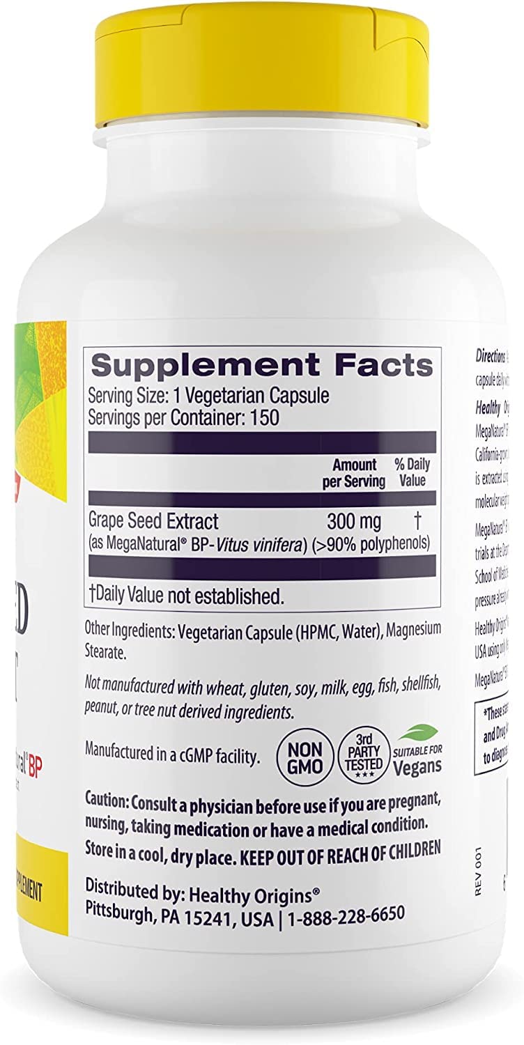 Healthy Origins MegaNatural BP-Grape Seed Extract, 300 mg - Blood Flow Support - Premium Grapeseed Extract Capsules - Non-GMO & Gluten-Free Supplement - 150 Veggie Capsules