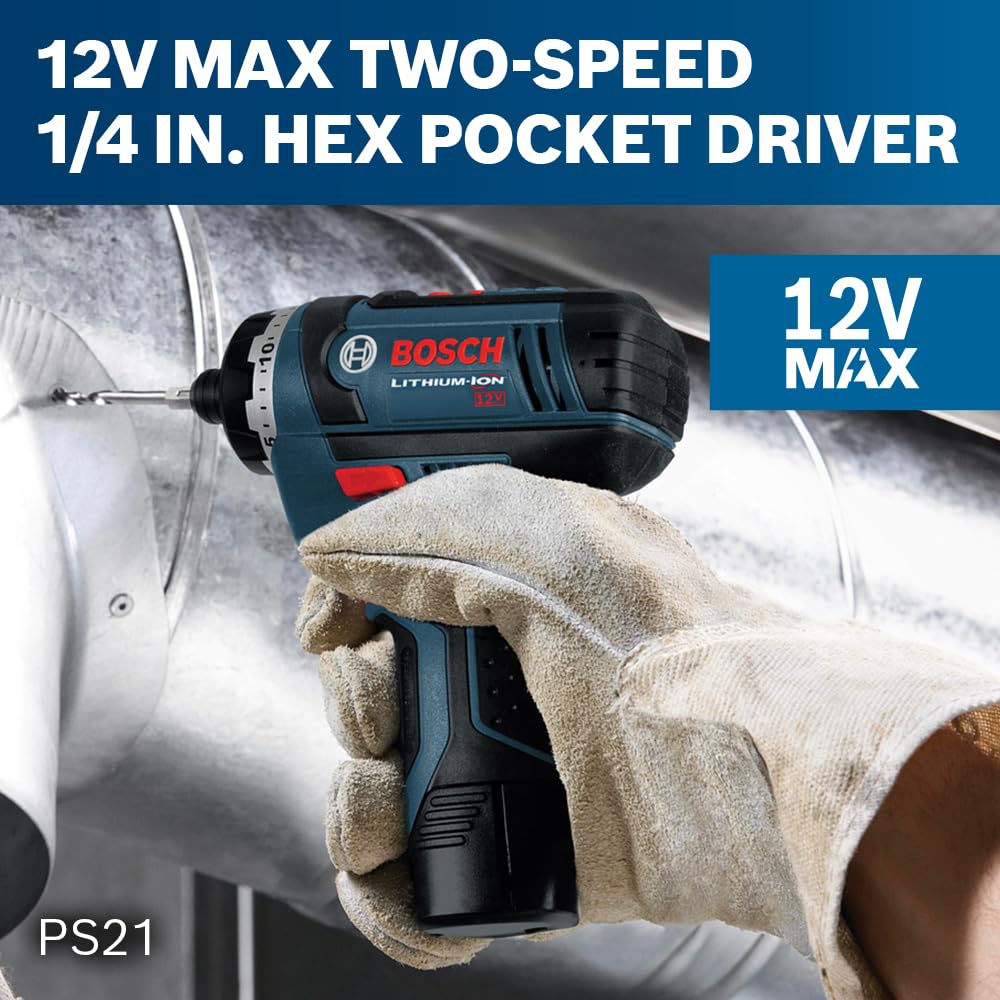 BOSCH PS21-2A 12V Max 2-Speed Pocket Driver Kit with 2 Batteries, Charger and Case