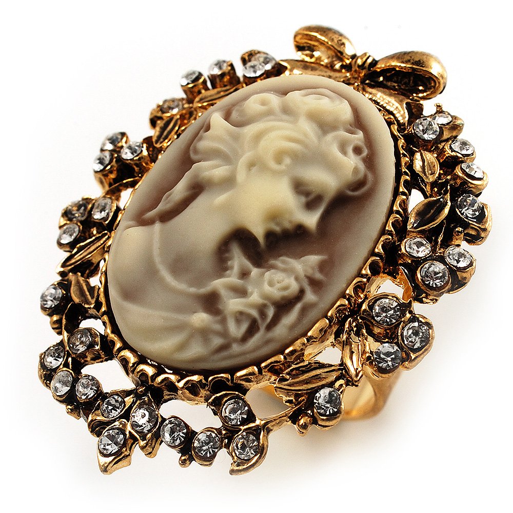 Avalaya Vintage Filigree Cameo CZ Ring (Burnised Gold Tone)