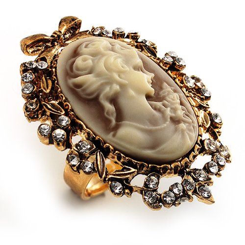 Avalaya Vintage Filigree Cameo CZ Ring (Burnised Gold Tone)