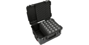 skb injection molded case w/foam for (24) mics w/storage compartment and wheels