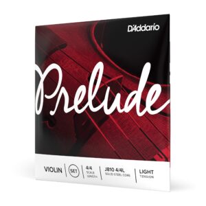 d'addario prelude violin string set, 4/4 scale, light tension – j810 4/4l - solid steel core, warm tone, economical and durable – educator’s choice for student strings – 1 set