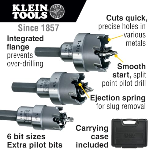 Klein Tools 31873 Heavy Duty Hole Cutter Kit, Includes Carbide Hole Cutters and 2 Pilot Bits in Rust-Proof Molded Plastic Case, 8-Piece