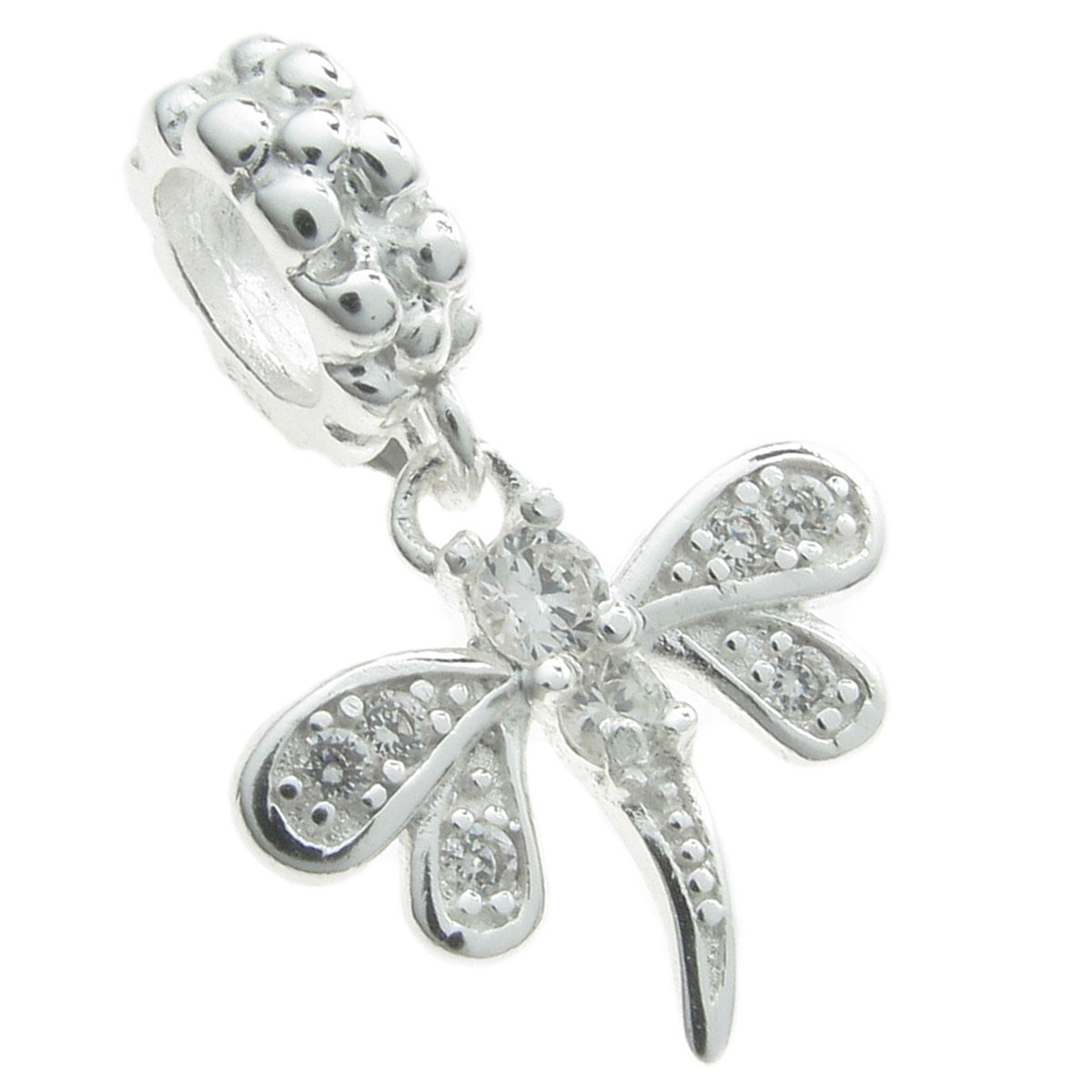 Queenberry Sterling Silver Clear Cubic Zirconia Crystal Dragonfly Dangle European Style Bead Charm