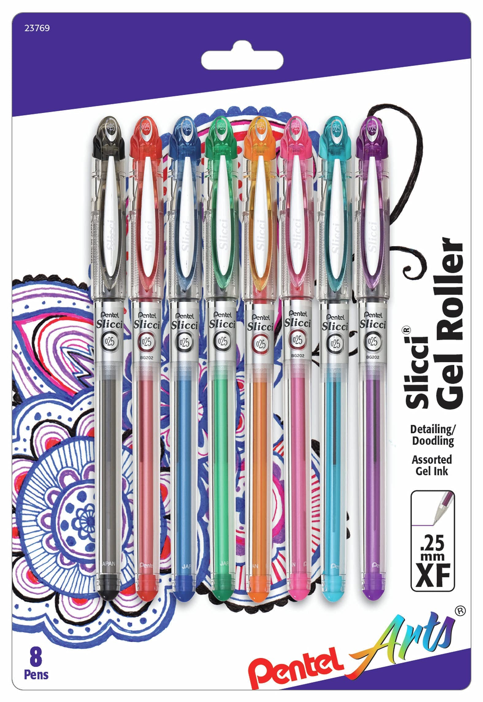 Pentel Arts Slicci 0.25 mm Extra Fine Gel Pen, Assorted Ink, 8 Pack (BG202BP8M)