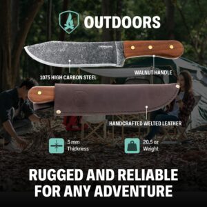 Condor Tool & Knife Hudson Bay Camp Knife | 1075 High Carbon Steel Fixed Blade Camping Knife | Hand Crafted Welted Leather Sheath | Full Tang Knife | Bushcraft Knife with 8.4in Blade | 5mm Thick |20.5oz