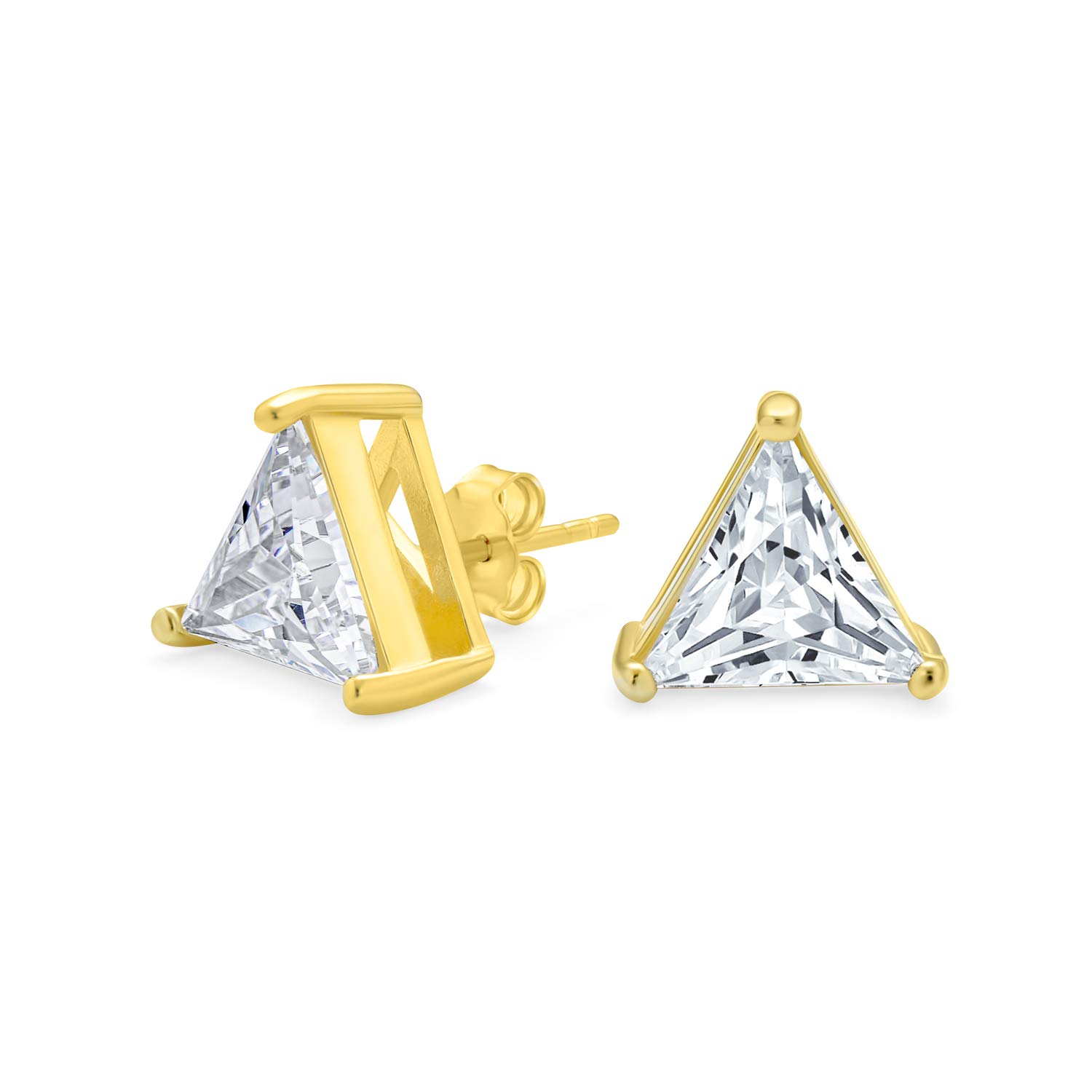 Triangle Shape Cubic Zirconia AAA CZ Trillion Cut Stud Earrings For Men Women Yellow Gold Plated .925 Sterling Silver 3 Prong Set 6 MM