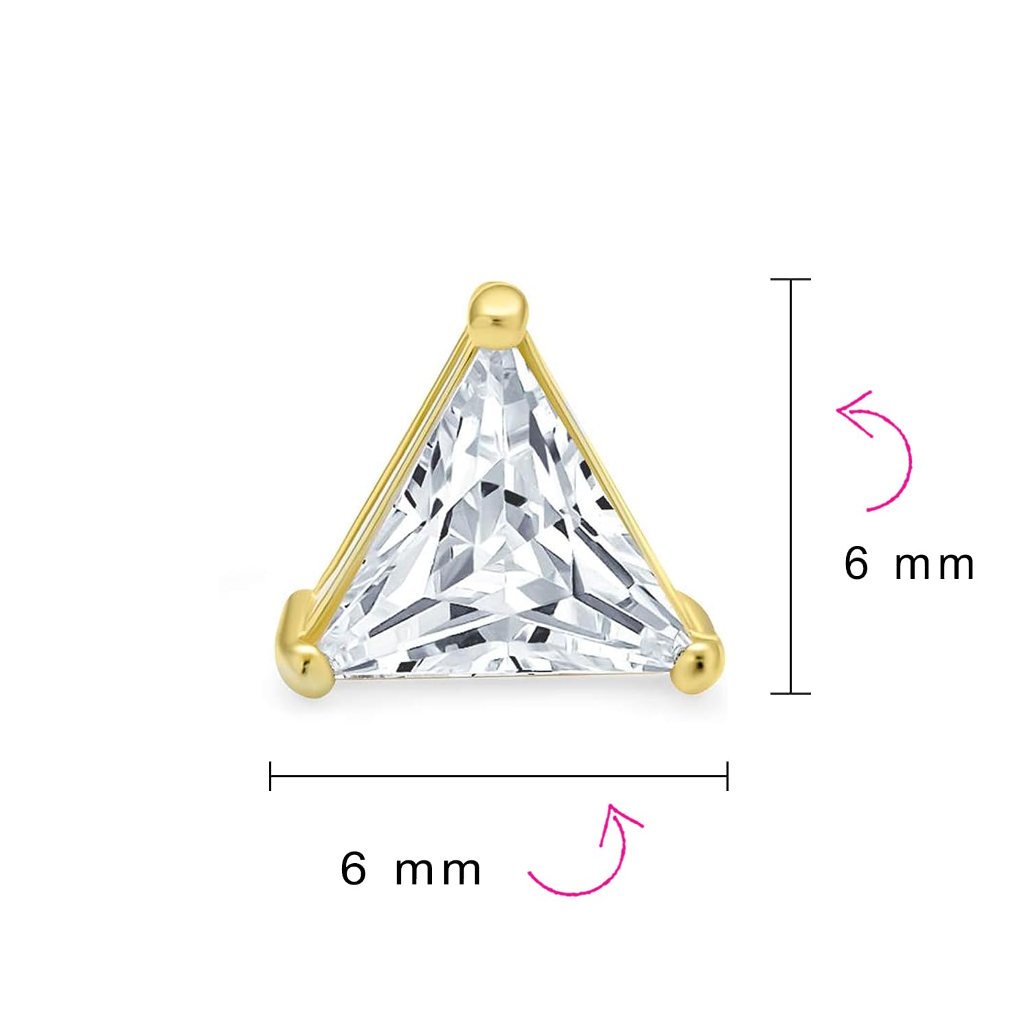 Triangle Shape Cubic Zirconia AAA CZ Trillion Cut Stud Earrings For Men Women Yellow Gold Plated .925 Sterling Silver 3 Prong Set 6 MM