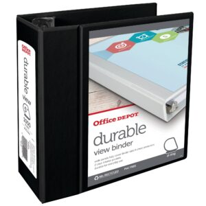 office depot® brand durable view d-ring binder, 5" rings, 39% recycled, black