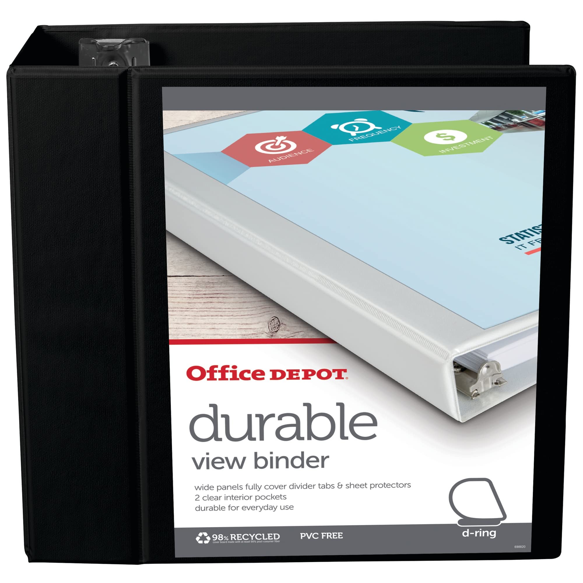 Office Depot® Brand Durable View D-Ring Binder, 5" Rings, 39% Recycled, Black