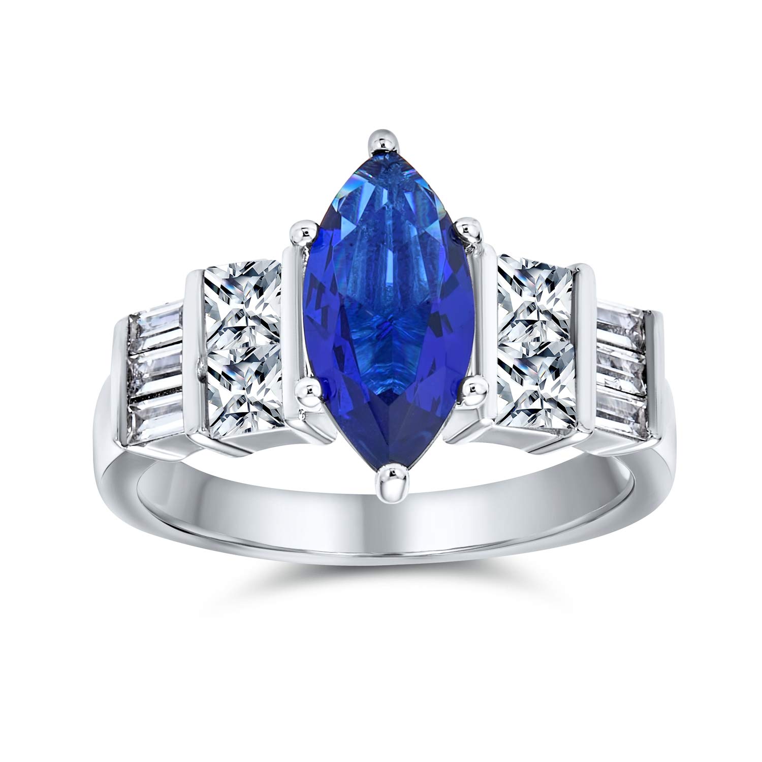 Bling Jewelry Sterling Silver 2ct Marquise Blue Sapphire Color CZ Bar Side Stone Engagement Ring - Size 7