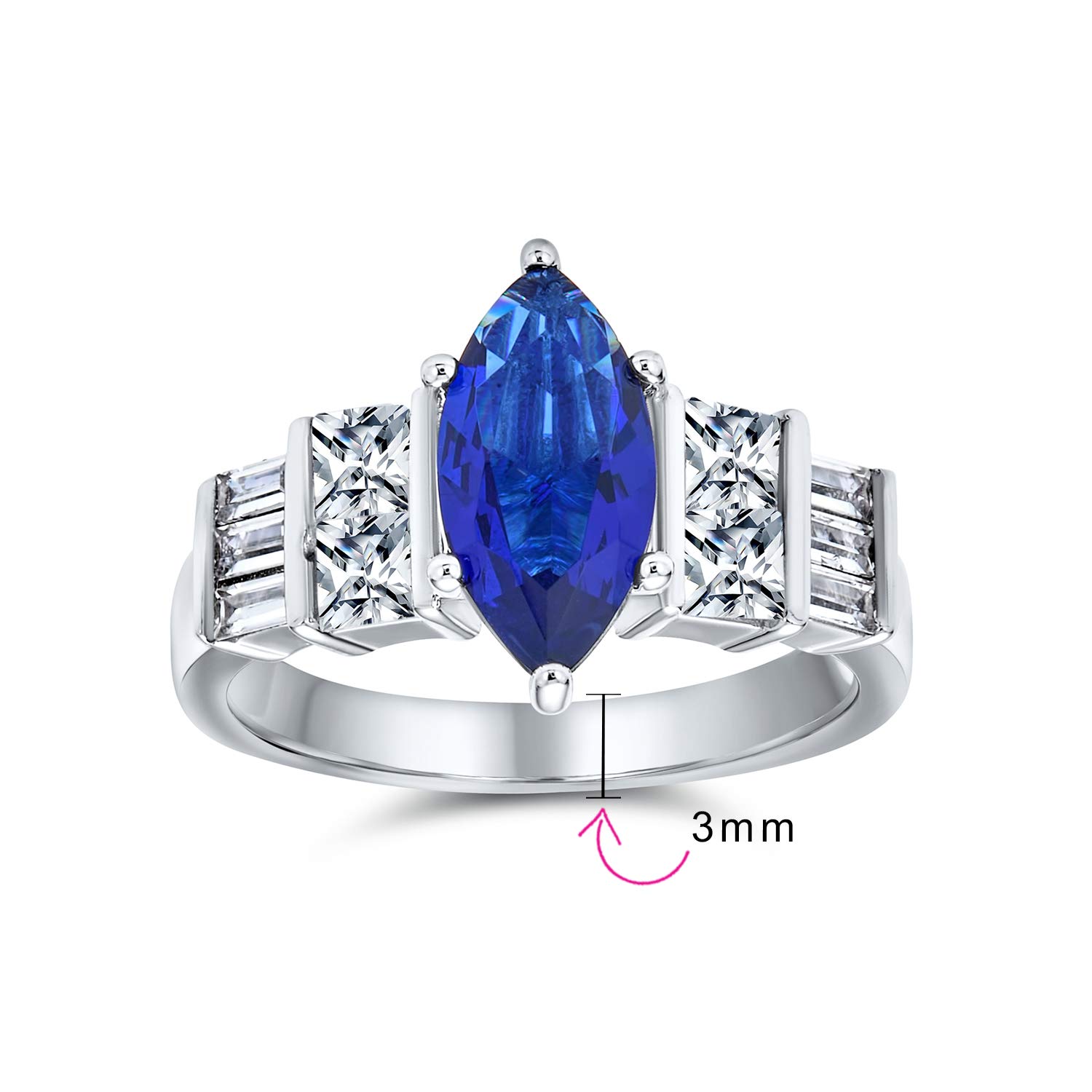 Bling Jewelry Sterling Silver 2ct Marquise Blue Sapphire Color CZ Bar Side Stone Engagement Ring - Size 7