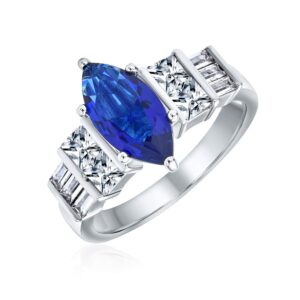 Bling Jewelry Sterling Silver 2ct Marquise Blue Sapphire Color CZ Bar Side Stone Engagement Ring - Size 7