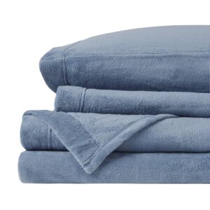 Sleep Philosophy True North Soloft Plush Bed Sheet Set, Wrinkle Resistant, Warm, Soft Fleece Sheets with 14" Deep Pocket Cold Season Cozy Bedding-Set, Matching Pillow Case, Queen, Blue, 4 Piece