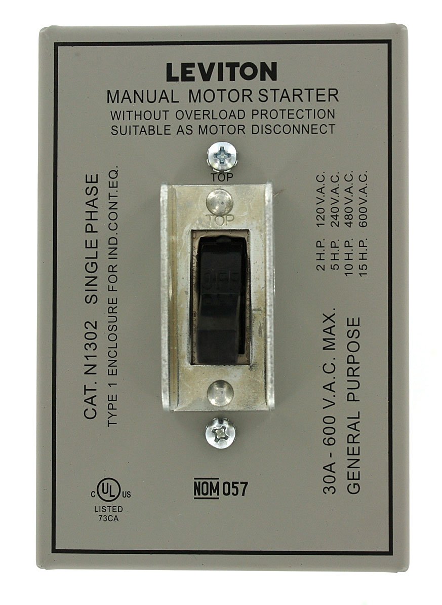 Leviton N1302-DS 30 Amp, 600 Volt, Toggle In Type 1 Enclosure Double-Pole AC Motor Starter, Suitable as Motor Disconnect, Industrial Grade, Grounded, Gray