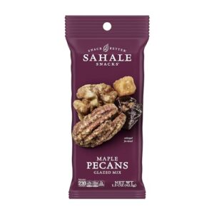 sahale snacks maple pecans glazed mix, 1.5 oz grab & go bags (18 packs) dry-roasted, deluxe mixed nuts with cherries, apples, maple, and cinnamon - non-gmo, kosher, and certified gluten-free snacks