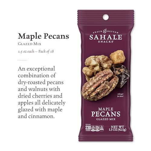 Sahale Snacks Maple Pecans Glazed Mix, 1.5 Oz Grab & Go Bags (18 Packs) Dry-Roasted, Deluxe Mixed Nuts with Cherries, Apples, Maple, and Cinnamon - Non-GMO, Kosher, and Certified Gluten-Free Snacks