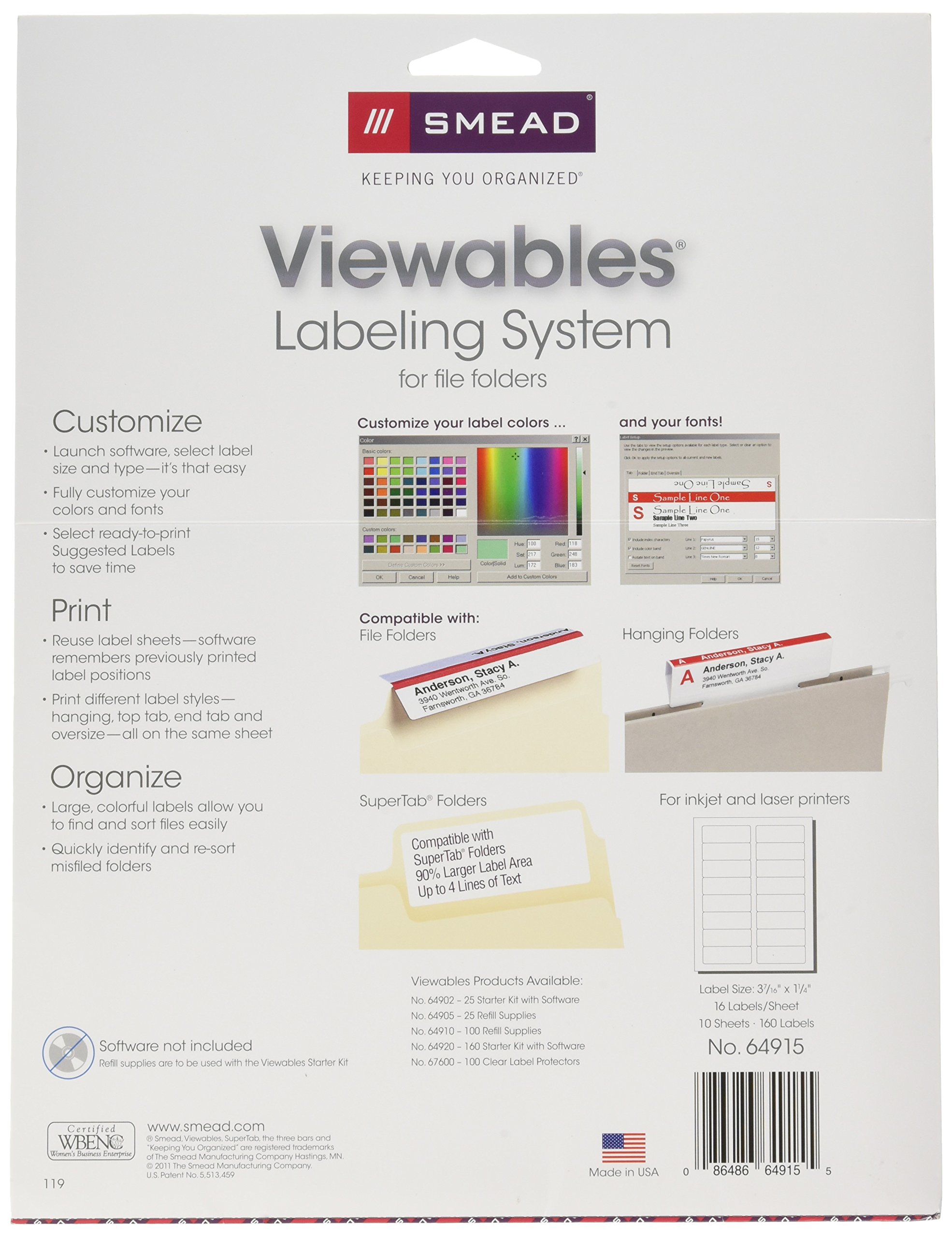 Smead 64915 Viewables Color Labeling System Label Pack Refill 3 1/2 Inch White 160/Pack