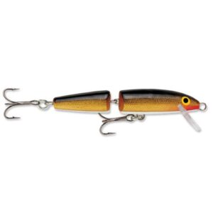 rapala jointed lure, size 05, 2" length, 3'-5' depth, 2 number 10 treble hooks, gold, per 1