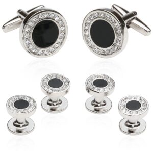 Black Onyx and Crystal Silver Cufflinks and Studs Formal Set with Travel Presentation Gift Box - 5/8" cufflinks, 3/8" studs - Men's Wedding Party Groom Groomsmen Tuxedo Shirts Accessories