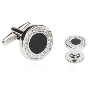 Black Onyx and Crystal Silver Cufflinks and Studs Formal Set with Travel Presentation Gift Box - 5/8" cufflinks, 3/8" studs - Men's Wedding Party Groom Groomsmen Tuxedo Shirts Accessories