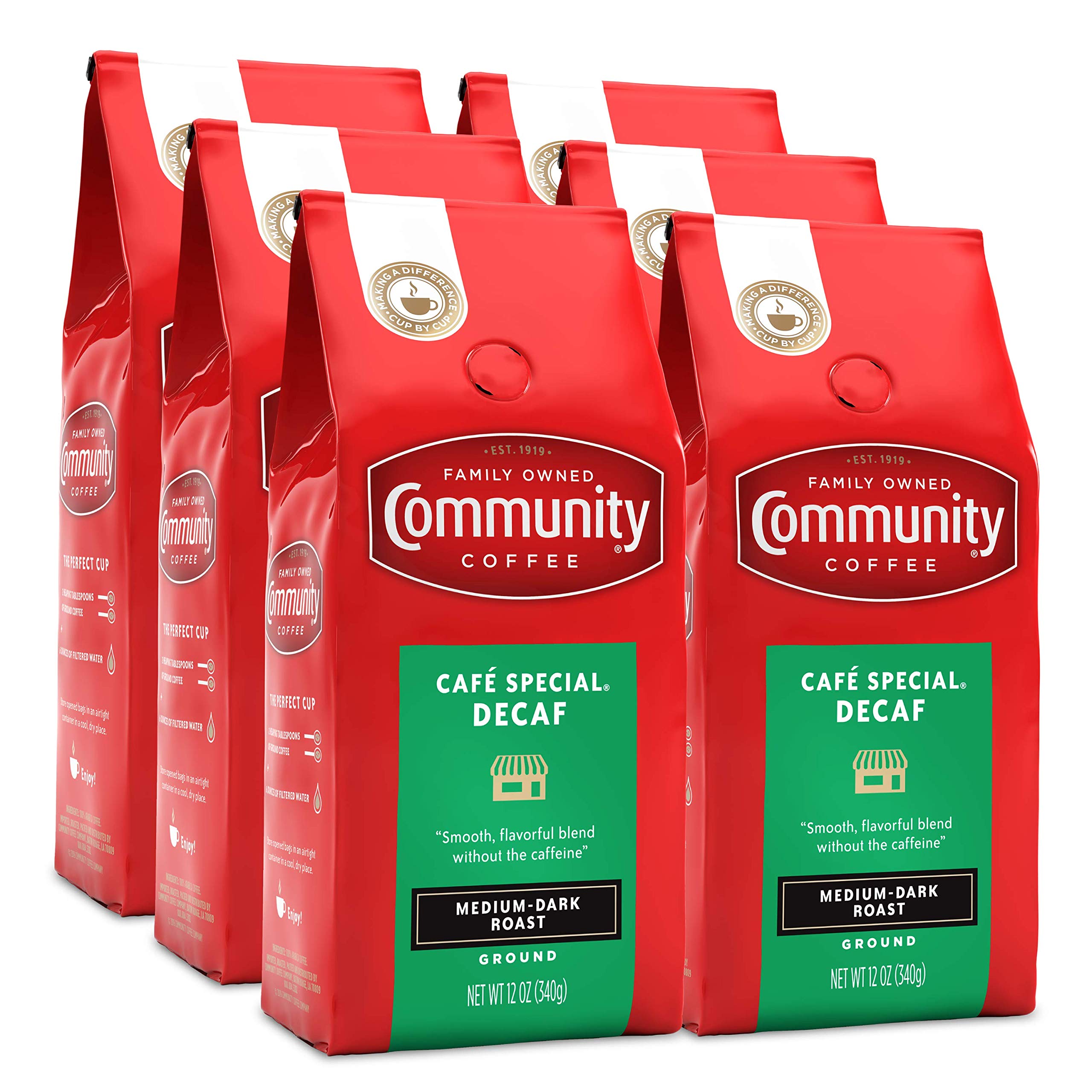 Community Coffee Café Special 72 Ounce, Decaf Medium Dark Roast Ground Coffee, 12 Ounce Bag (Pack of 6)