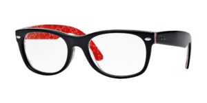 ray-ban rx5184 new wayfarer square prescription eyeglass frames, black on texture red/demo lens, 52 mm