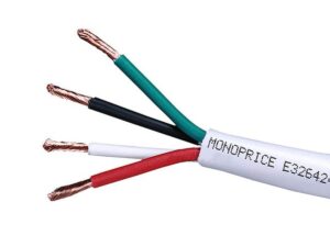 monoprice access series 16 gauge awg cl2 rated 4 conductor speaker wire/ cable - 250ft fire safety in wall rated, jacketed in white pvc material 99.9% oxygen-free pure bare copper