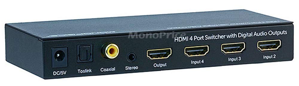 Monoprice Blackbird 4x1 HDMI 1.4 Switch - HDCP 1.4, with Toslink, Digital Coax and Analog Audio Extractor, 1080p 60Hz, DAC (Compatible with PS4/5 Xbox Apple TV Fire Stick Roku Blu-Ray Player)