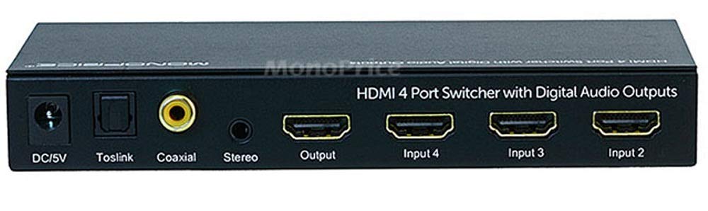 Monoprice Blackbird 4x1 HDMI 1.4 Switch - HDCP 1.4, with Toslink, Digital Coax and Analog Audio Extractor, 1080p 60Hz, DAC (Compatible with PS4/5 Xbox Apple TV Fire Stick Roku Blu-Ray Player)