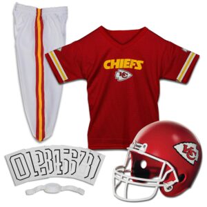 franklin sports kansas city chiefs kids football uniform set - nfl youth football costume for boys & girls - set includes helmet, jersey & pants - small