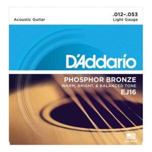 d'addario ej16x5 (5 sets), acous guit strings, phos/brnz rnd wnd, light (.012-.053).