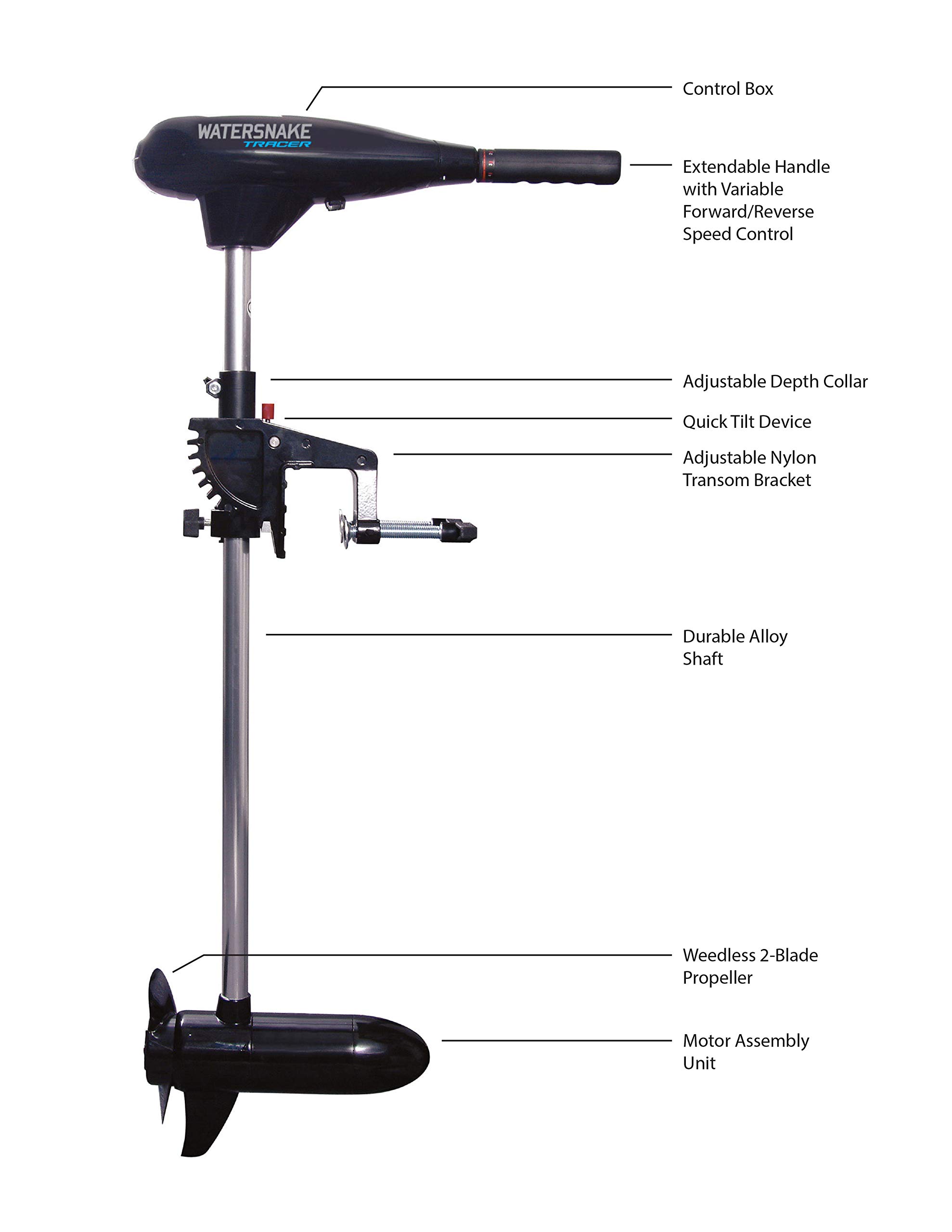 Watersnake Tracer Transom Mount Trolling Freshwater Motor (Black, 36-inch)