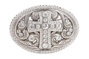 perforated oval rhinestone religious cross & flower engraving belt buckle