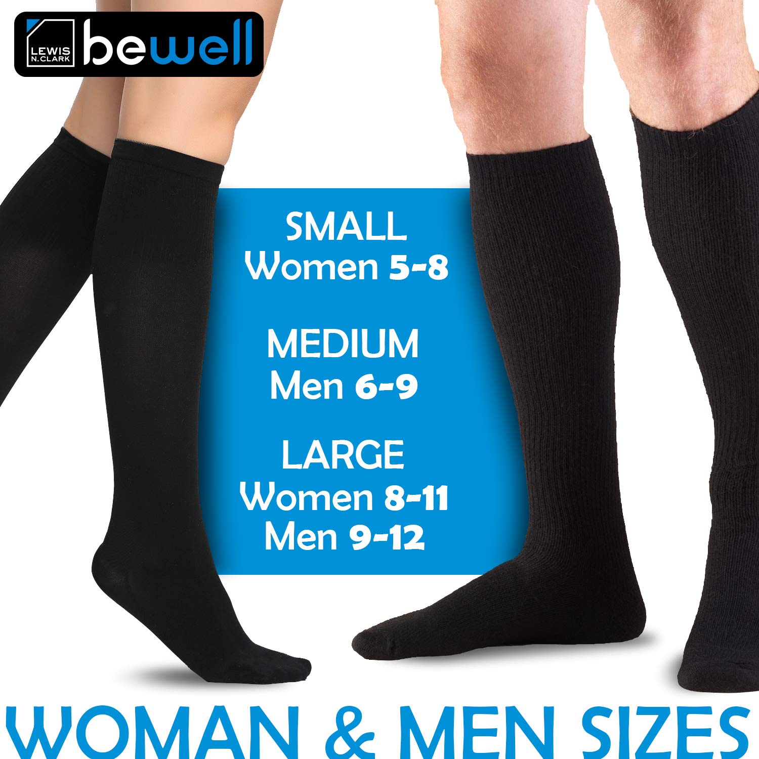 Lewis N. Clark Compression Socks for Women & Men, Circulation, Pregnancy, Athletics, Sports, Running + Travel, Black, One Size