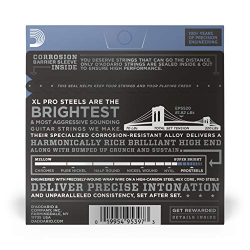 D'Addario Guitar Strings - ProSteels Electric Guitar Strings - Round Wound - Brighter, Crunchier, Increased Sustain - EPS520 - Super Light, 9-42