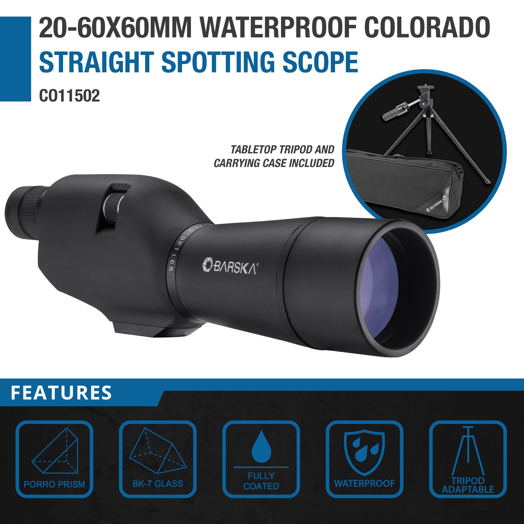 BARSKA 20-60x60 Waterproof Straight Spotting Scope with Tripod , Black