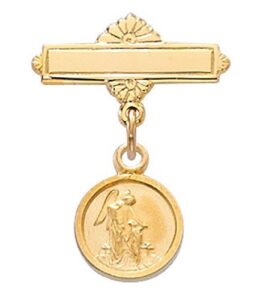 religious & catholic gold baby pin pendant guardian angel medal in gift box, christening & baptism pin, first communion pin