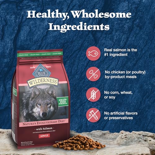 Blue Buffalo Wilderness Adult High-Protein Dry Dog Food with Real Salmon, Grain-Free, Made in the USA with Natural Ingredients, Salmon, 24-lb. Bag