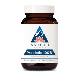 ayush herbs probiotic 100b, shelf-stable daily probiotic supplement, 7 probiotic strains, 60 vegetarian capsules