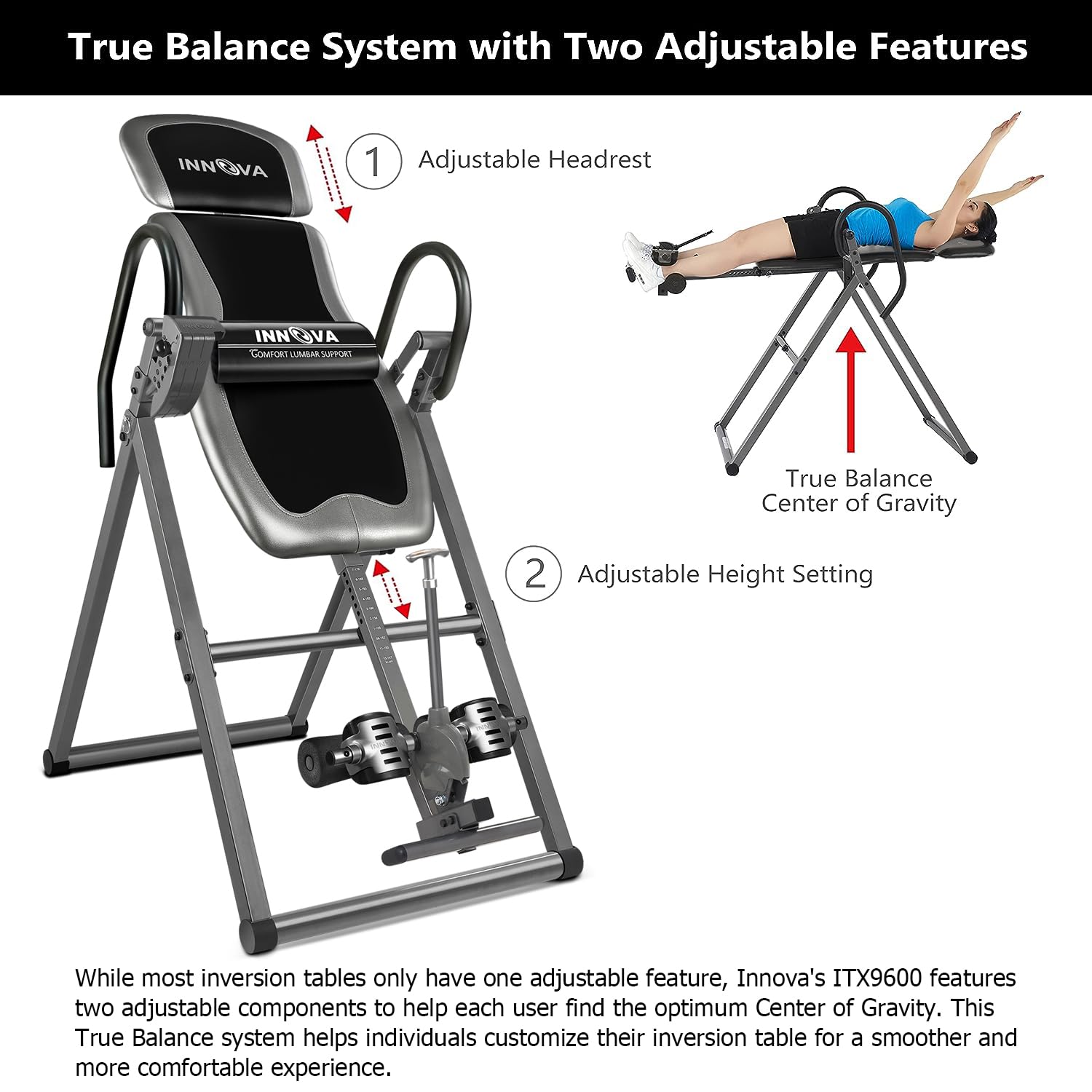 INNOVA HEALTH AND FITNESS ITX9600 Heavy Duty Inversion Table, Standard Ankle Holding System, 300 lb Weight Capacity,Grey/Black