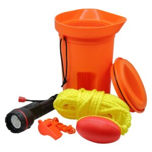 seasense boat bailer safety kit – dry storage for emergency gear, 1.5 liters – includes 50’ of rope, float buoy, whistle & flashlight – great for small boats, pontoons, kayaks & fishing vessels