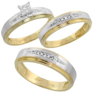 10k gold diamond trio engagement wedding ring set for him and her 3-piece 6 mm & 5 mm 0.11 cttw size 9