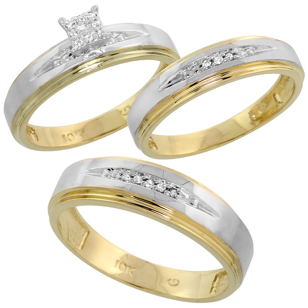 10k Gold Diamond Trio Engagement Wedding Ring Set for Him and Her 3-piece 6 mm & 5 mm 0.11 cttw size 9