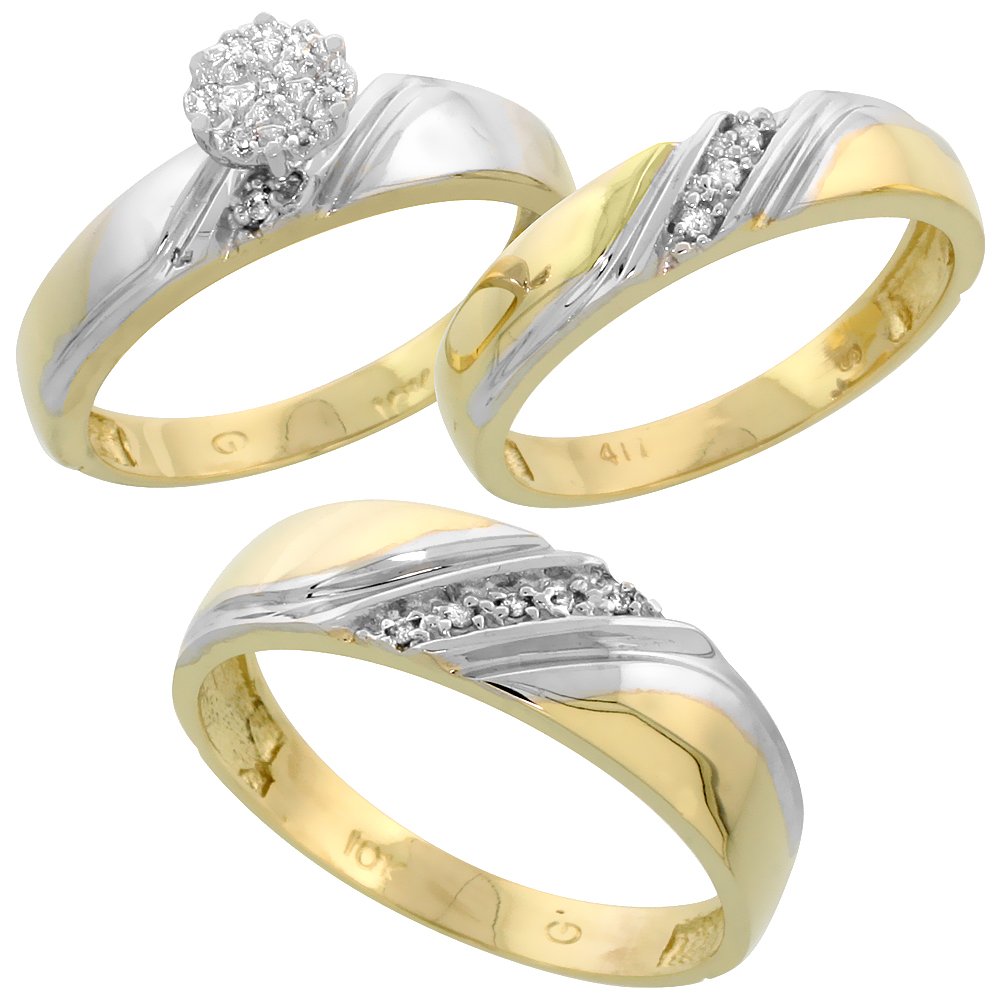 10k Gold Diamond Trio Engagement Wedding Ring Set for Him and Her 3-piece 6 mm & 4.5 mm 0.10 cttw size 8.5